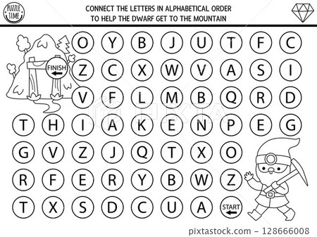 ABC black and white game with dwarf worker going to mine. Forest alphabet maze activity, coloring page for kids. Connect letters in alphabetical order from A to Z to help gnome get to mountain 128666008