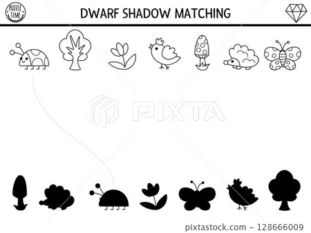 Dwarf shadow matching activity with forest symbols and animals. Fairytale black and white puzzle with hedgehog, bird. Find correct silhouette printable worksheet, game, coloring page for kids Dwarf shadow matching activity with forest symbols and animals. Fairytale black and white puzzle with hedgehog, bird. Find correct silhouette printable worksheet, game, coloring page for kids 128666009