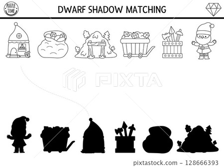 Shadow matching activity with line dwarf. Fairytale black and white puzzle with gnome, house, mine, cart with treasure. Find correct silhouette printable worksheet, game, coloring page for kid Shadow matching activity with line dwarf. Fairytale black and white puzzle with gnome, house, mine, cart with treasure. Find correct silhouette printable worksheet, game, coloring page for kid 128666393