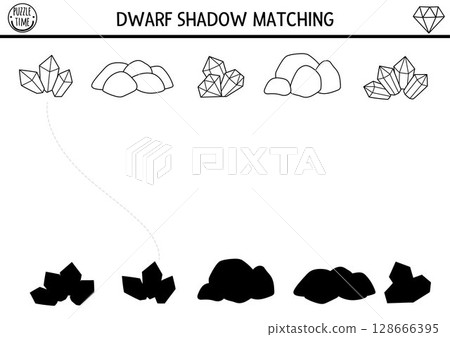 Dwarf shadow matching activity with precious stones and metals. Fairytale black and white puzzle with gems. Find correct silhouette printable worksheet, game. Magic gnome coloring page for kids 128666395