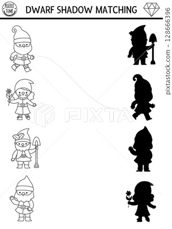Shadow matching activity with cute dwarfs. Fairytale black and white puzzle with gnome gardener, girl, blacksmith. Find correct silhouette printable worksheet, game, coloring page for kids Shadow matching activity with cute dwarfs. Fairytale black and white puzzle with gnome gardener, girl, blacksmith. Find correct silhouette printable worksheet, game, coloring page for kids 128666396
