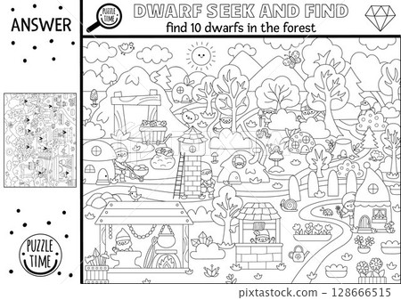 Vector dwarf black and white searching game with magic forest landscape. Spot hidden gnomes in picture. Fairytale seek and find printable activity or coloring page for kids with fantasy creature 128666515