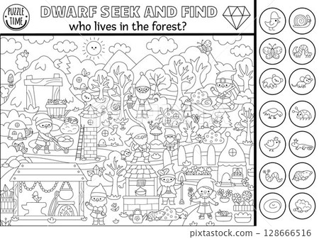 Vector black and white searching game with dwarf village landscape. Spot hidden objects. Seek and find printable activity for kids with forest animals. Magic woodland worksheet, coloring page 128666516