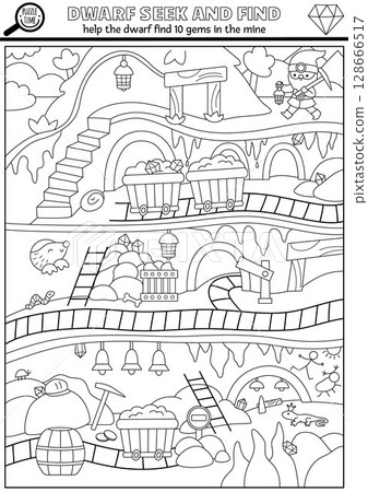 Dwarf vector black and white searching game with underground mine landscape. Spot hidden gems. Seek and find printable activity or coloring page for kids with goldmine tunnel, railways 128666517