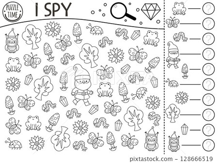 Dwarf black and white I spy game for kids. Searching and counting activity with gnome, frog, butterfly, tree, flower. Magic forest printable worksheet or coloring page. Woodland spotting puzzle 128666519