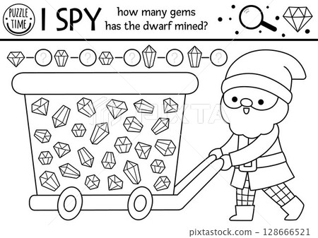 Dwarf black and white I spy game for kids. Searching and counting activity with gnome, crystal, gems in cart. Magic forest printable worksheet or coloring page. Simple woodland spotting puzzle 128666521