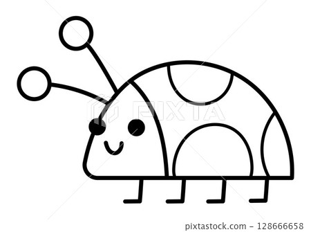 Vector black and white smiling ladybird icon. Magic creature line clipart. Cute fairytale character. Woodland fantasy ladybug insect. Forest fairy tale illustration, coloring page 128666658