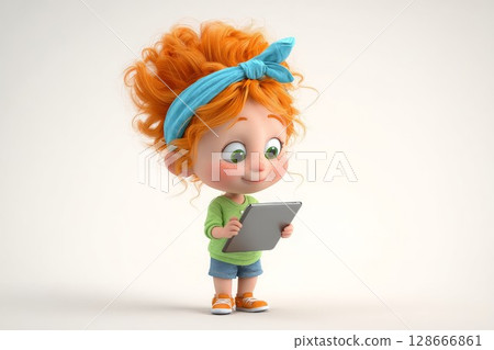3d girl with tablet red curly hair cute design for tech ads. Animated child in summer dress perfect for education or digital marketing projects. 128666861