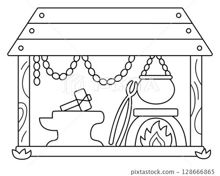 Vector black and white forge line icon. Smithy with cauldron on fire, tools, hammer, sward, chains, anvil. Blacksmith dwarf workshop illustration. Magic fairytale iron worker coloring page 128666865