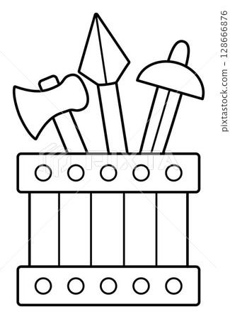 Vector black and white wooden box with sward, hammer, spear. Blacksmith or forger line illustration. Knight armor, dwarf smith products in wood crate. Coloring page with medieval weapon 128666876