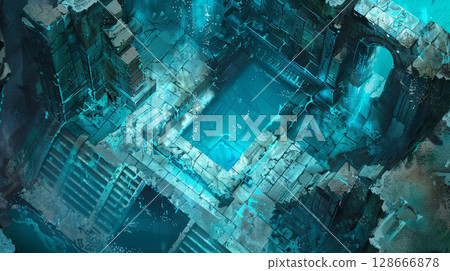 Blue-tinted underwater temple, top-down view, fantasy game art, ancient interior design. Blue-tinted underwater temple, top-down view, fantasy game art, ancient interior design. 128666878