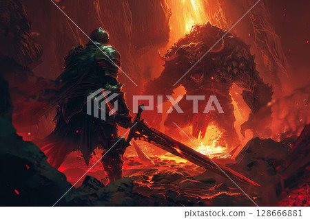 Fantasy knight with sword facing troll, dark cave, red light, fire backdrop, concept art. Fantasy knight with sword facing troll, dark cave, red light, fire backdrop, concept art. 128666881
