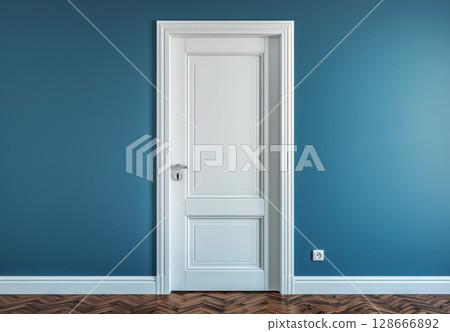 White door on empty blue wall, parquet floor, photorealistic mockup, clean interior style. 128666892