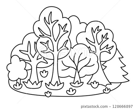 Vector black and white forest landscape. Woods line clipart with trees, flowers and bushes. Ecological or outdoor camping illustration, coloring page. Cute woodland scene with plants Vector black and white forest landscape. Woods line clipart with trees, flowers and bushes. Ecological or outdoor camping illustration, coloring page. Cute woodland scene with plants 128666897