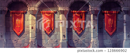 Cartoon 3D wall with knight banners, stone pillars, white background, no figures. 128666902