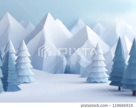 Paper winter landscape with snow trees, white mountains. Perfect for holiday, nature, design themes. 128666919
