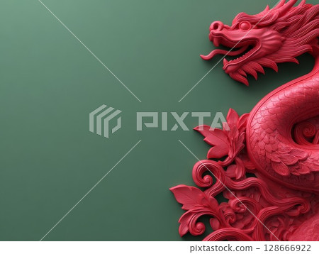 Red dragon carving on green surface. Great for culture, art, fantasy displays. 128666922
