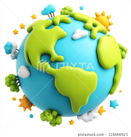 Cartoon planet earth with green continents, blue ocean. Ideal for nature, global, playful ideas. 128666925