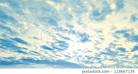 Blue clouds in morning sunny gradient sky with halftone effect Polka dot texture bg. Dramatic smoke or fog in pop art comics style. Retro Fluffy dotted cloudy background. Vector illustration 128667136