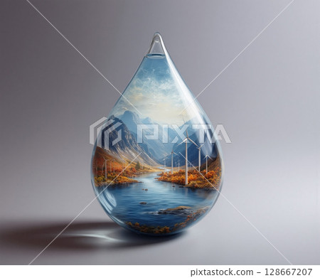 Transparent water droplet with a landscape inside featuring mountains, wind turbines, and a river 128667207