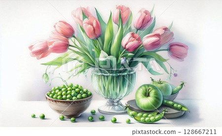Pink Tulips in Glass Vase with Green Apples and Peas Still Life 128667211