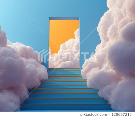 Minimalist stairs leading to an open doorway amidst soft clouds and a vibrant sky at dusk 128667213