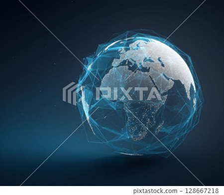 Minimalist globe with abstract network design showcasing interconnectedness and global communication Minimalist globe with abstract network design showcasing interconnectedness and global communication 128667218