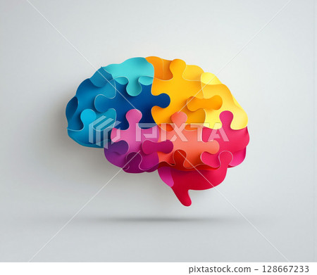 Bright and colorful brain shape puzzle demonstrating cognitive connectivity and creativity in a modern design setting 128667233