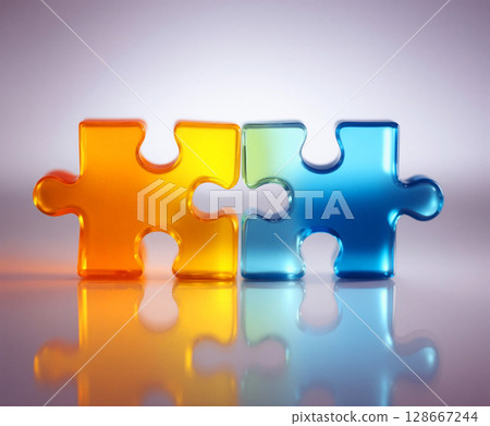 Colorful puzzle pieces connecting to create a cohesive visual representation in a creative setting 128667244