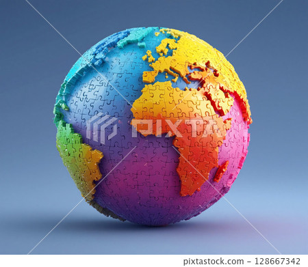 Colorful puzzle pieces forming a globe showing continents in vibrant hues 128667342