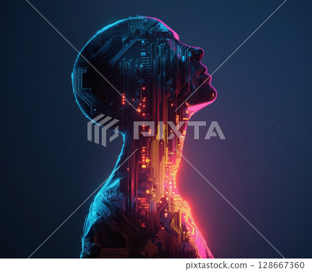 Digital representation of artificial intelligence showcasing human-like features and circuitry in a vibrant color palette Digital representation of artificial intelligence showcasing human-like features and circuitry in a vibrant color palette 128667360