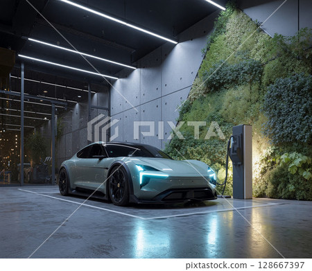 Futuristic electric car at a charging station in a modern urban environment with greenery 128667397