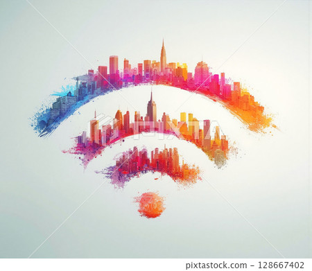 Futuristic city skyline blending with a Wi-Fi icon in vibrant colors during a digital age concept 128667402