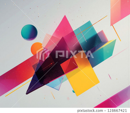 Modern colorful composition with geometric shapes and vibrant hues creating dynamic visual effects and movement 128667421