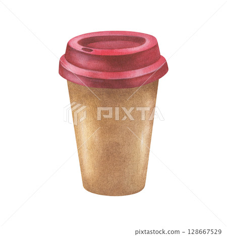 Paper coffee to go cup with red lid. Watercolor illustration of a Craft tea mug in Christmas colors. Hand drawn vintage sketch on white isolated background. Water color painting art image Paper coffee to go cup with red lid. Watercolor illustration of a Craft tea mug in Christmas colors. Hand drawn vintage sketch on white isolated background. Water color painting art image 128667529