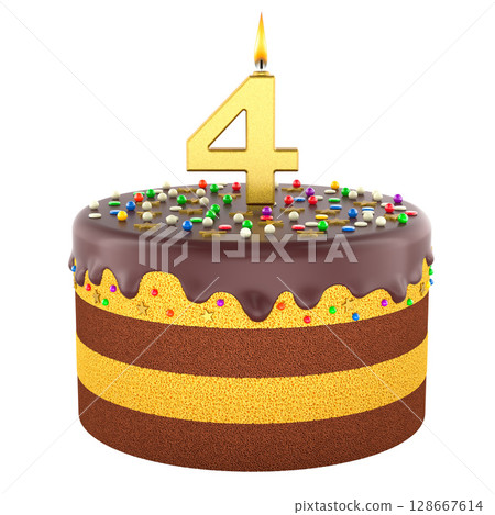 Birthday cake with number 4 candle. 3D rendering Birthday cake with number 4 candle. 3D rendering 128667614