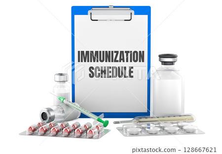 IMMUNIZATION SCHEDULE concept, with medical set. 3D rendering IMMUNIZATION SCHEDULE concept, with medical set. 3D rendering 128667621