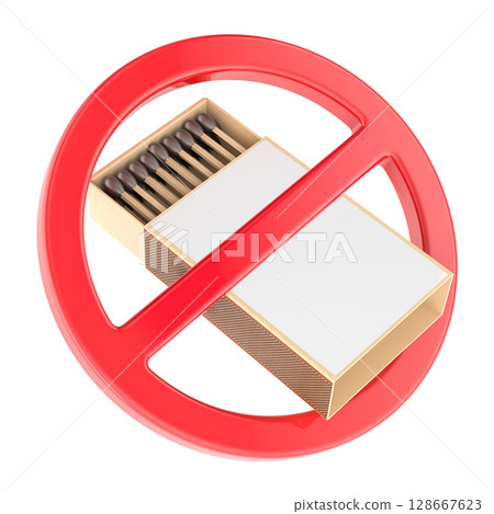 Matchbox with prohibition sign. 3D rendering Matchbox with prohibition sign. 3D rendering 128667623