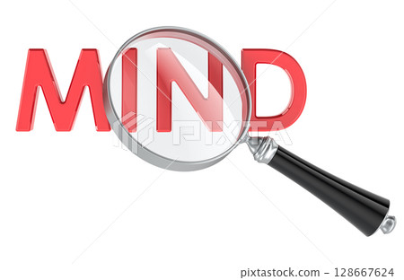 Mind concept with magnifying glass. 3D rendering Mind concept with magnifying glass. 3D rendering 128667624