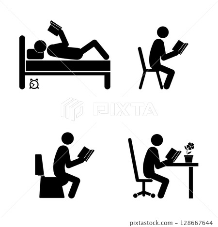 Set of stick figures, reading a book, flat vector illustration. Set of stick figures, reading a book, flat vector illustration. 128667644