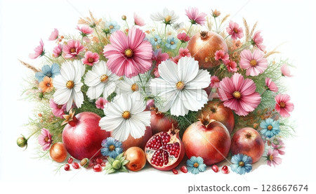 Cosmos Flowers and Pomegranates Watercolor Botanical Still Life Art 128667674