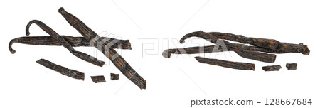 Dried vanilla stick isolated on white background. Top view. Flat lay. 128667684