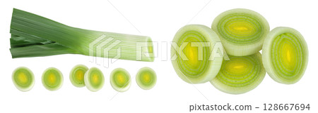 Leek vegetable with slices isolated on white background. Top view. Flat lay Leek vegetable with slices isolated on white background. Top view. Flat lay 128667694