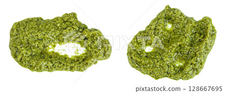 Pesto sauce isolated on white background. Top view. Flat lay Pesto sauce isolated on white background. Top view. Flat lay 128667695