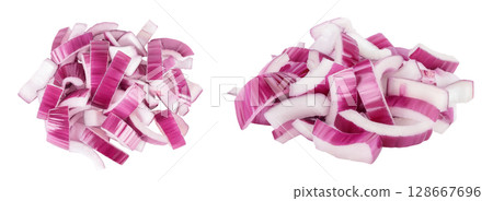 Red onion slices l isolated on a white background. Top view. Flat lay Red onion slices l isolated on a white background. Top view. Flat lay 128667696
