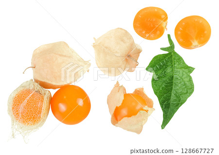 Cape gooseberry or physalis isolated on white background wit full depth of field. Top view. Flat lay Cape gooseberry or physalis isolated on white background wit full depth of field. Top view. Flat lay 128667727