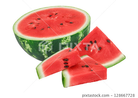 Slice of watermelon isolated on white background with full depth of field Slice of watermelon isolated on white background with full depth of field 128667728