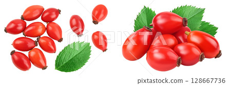 Rose hip isolated on a white background with full depth of field. Top view. Flat lay. 128667736