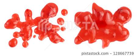 Red strawberry jam isolated on white background with full depth of field, Top view. Flat lay 128667739