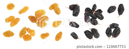 Yellow raisin isolated on white background . Top view. Flat lay 128667751